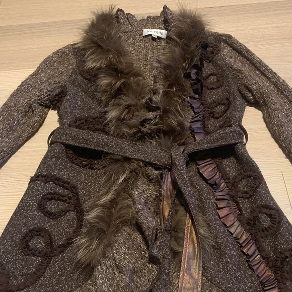 Brown Belted Knit Cardigan Sweater with Faux Fur Trim - Penny Lane Boho Y2K - Picture 10 of 15